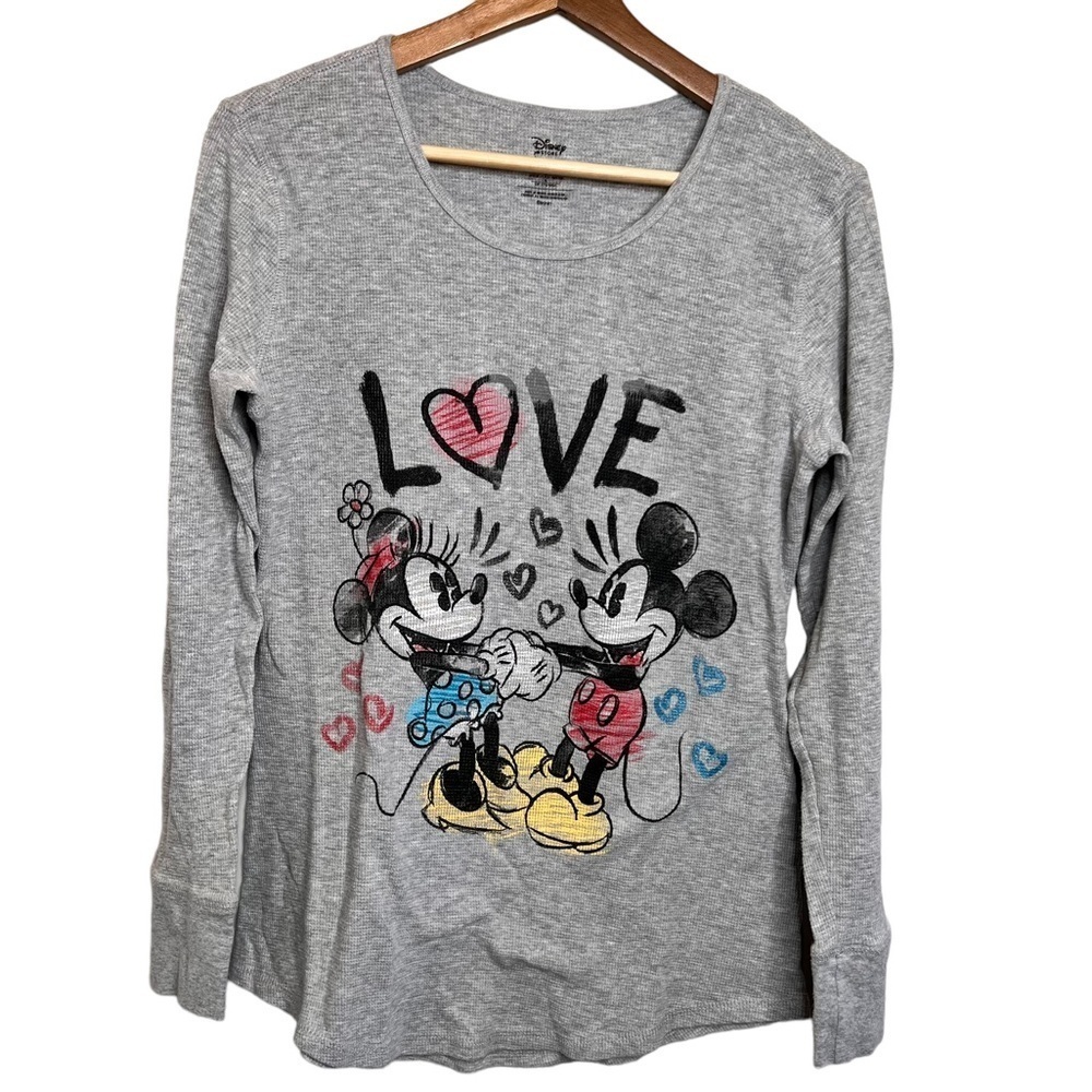 Disney Store Womens Size Large Grey Waffle Knit Long Sleeve Mickey Minnie Love